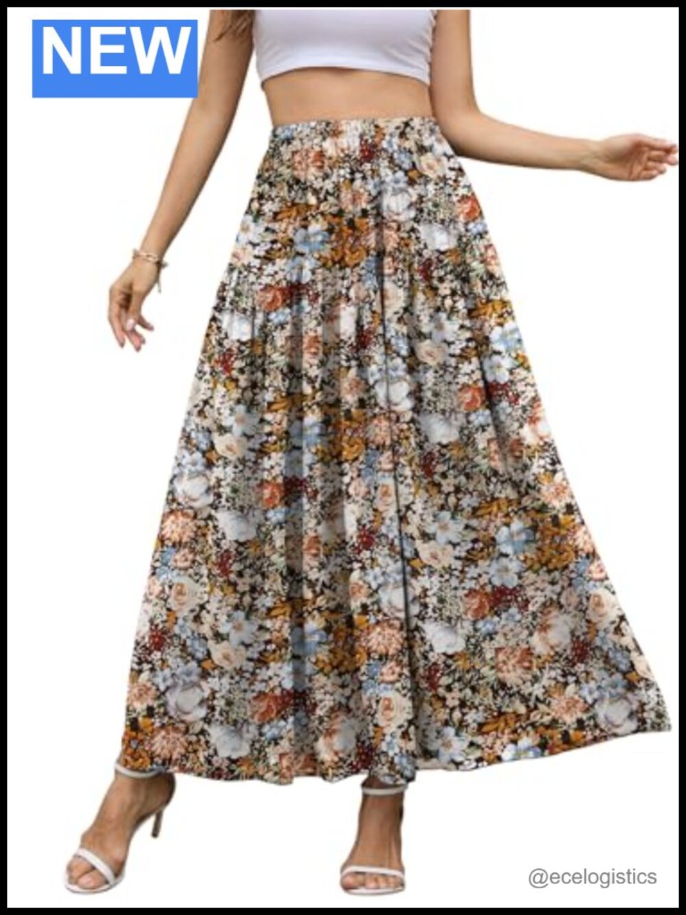 Chiffon A-Line Maxi Skirt for Women High Waisted Floral Tiered Elastic Long